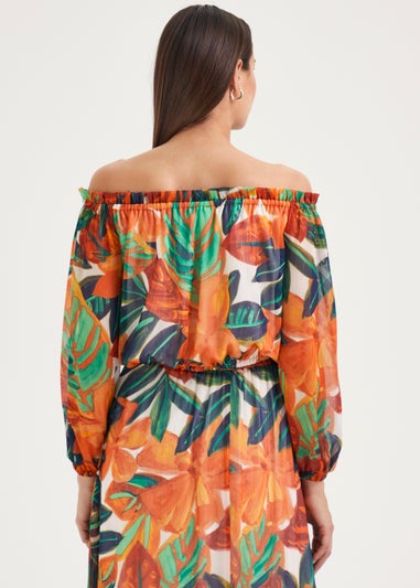 Et Vous Orange Leaf Print Bardot Blouse