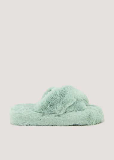 Green Platform Cross Strap Slippers