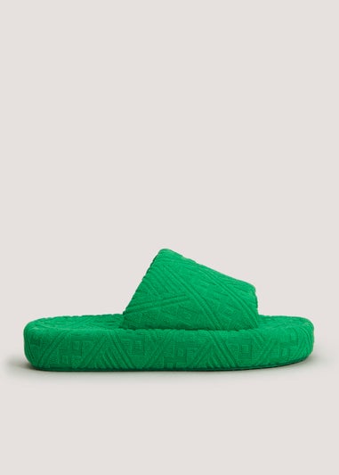 Green Towelling Platform Slippers - Matalan