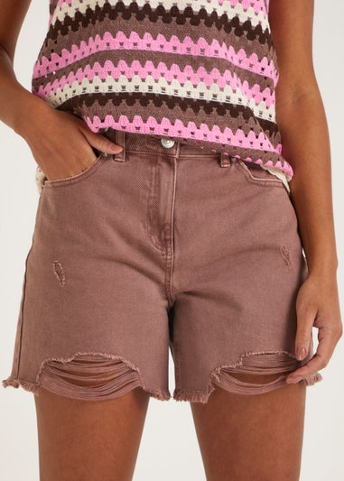 Brown Ripped Denim Shorts