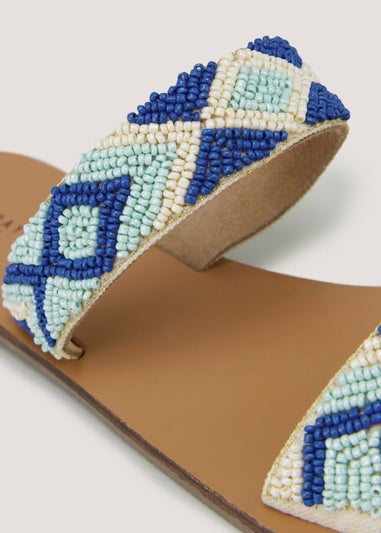 Blue Leather Double Strap Embroidered Mules