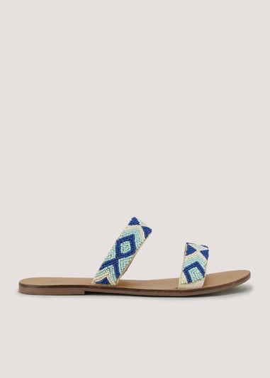 Blue Leather Double Strap Embroidered Mules