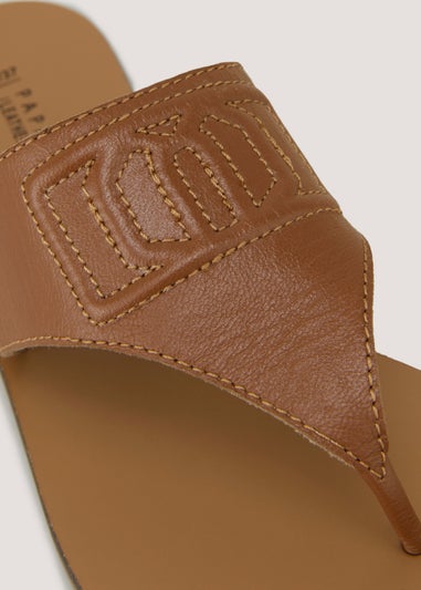 Tan Leather Embossed Toe Post Sandals
