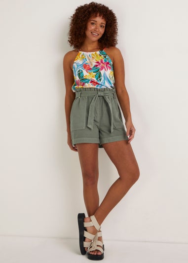 Khaki Tie Waisted Utility Shorts