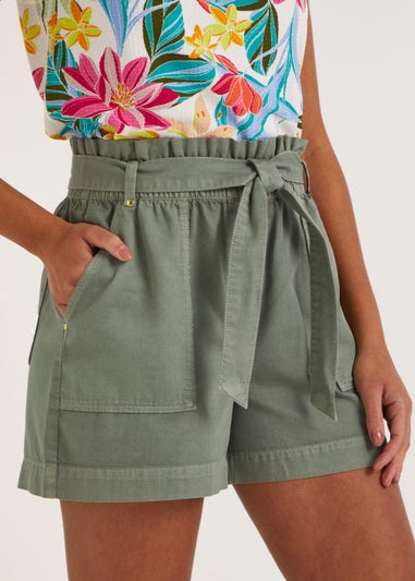 Khaki Tie Waisted Utility Shorts