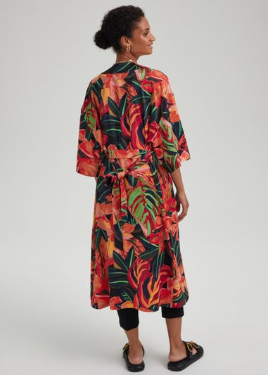 Et Vous Black Tropical Floral Satin Maxi Kimono