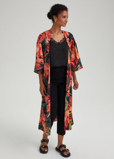 Et Vous Black Tropical Floral Satin Maxi Kimono