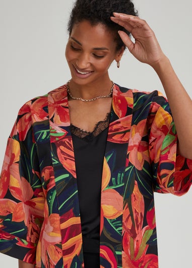 Et Vous Black Tropical Floral Satin Maxi Kimono