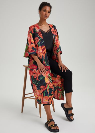 Et Vous Black Tropical Floral Satin Maxi Kimono