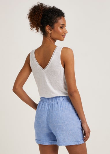 Blue Linen Blend Tie Waist Shorts
