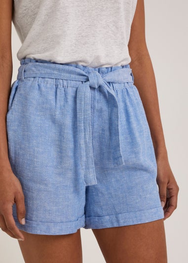 Blue Linen Blend Tie Waist Shorts