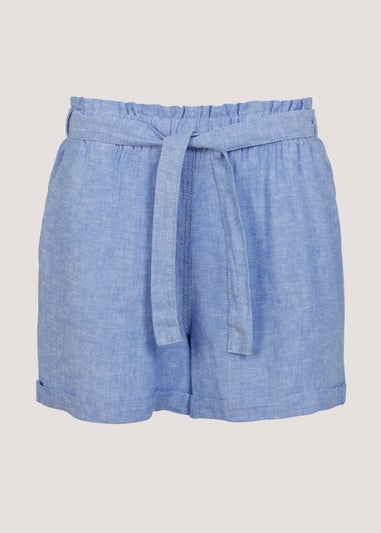 Blue Linen Blend Tie Waist Shorts