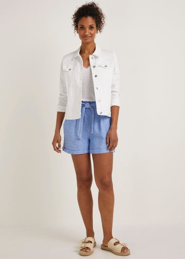 Blue Linen Blend Tie Waist Shorts