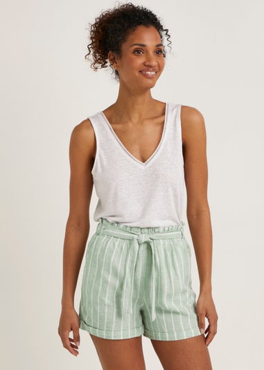 Green Stripe Linen Blend Tie Waist Shorts