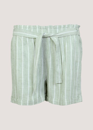 Green Stripe Linen Blend Tie Waist Shorts