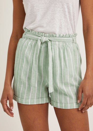 Green Stripe Linen Blend Tie Waist Shorts