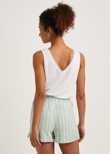 Green Stripe Linen Blend Tie Waist Shorts