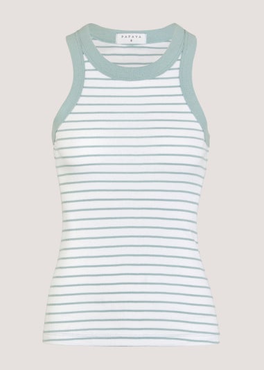 Mint Stripe High Neck Ribbed Vest Top