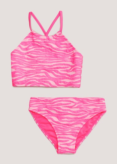 Girls Pink Zebra Textured Bikini Set (4-13yrs)