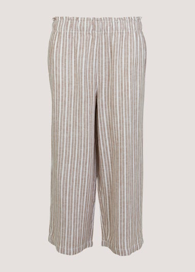 Beige Stripe Linen Blend Wide Leg Cropped Trousers