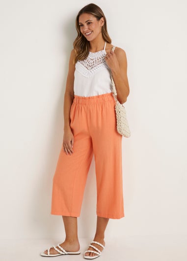 Orange Linen Blend Wide Leg Cropped Trousers