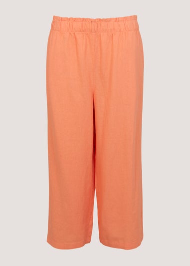 Orange Linen Blend Wide Leg Cropped Trousers