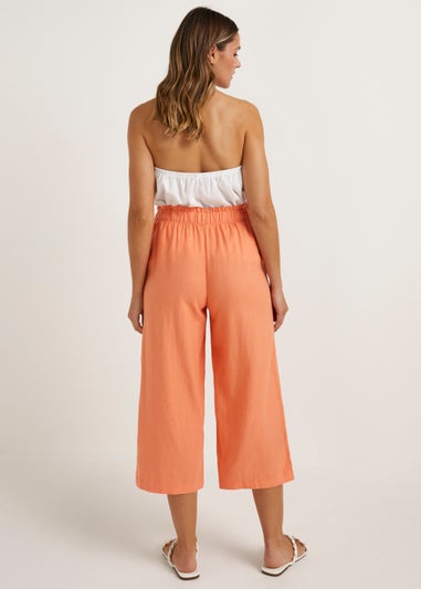 Orange Linen Blend Wide Leg Cropped Trousers