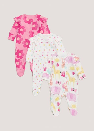 Baby 3 Pack Pink Safari Sleepsuits (Tiny Baby-18mths)