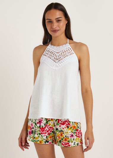 White Linen Blend Crochet Halter Cami Top