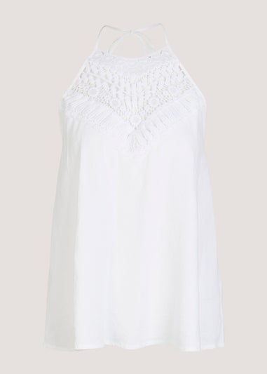 White Linen Blend Crochet Halter Cami Top
