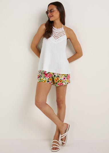 White Linen Blend Crochet Halter Cami Top
