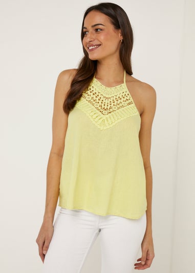 Yellow Crochet Look Linen Blend Halter Neck Top
