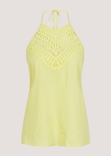 Yellow Crochet Look Linen Blend Halter Neck Top