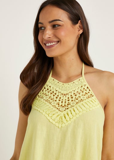 Yellow Crochet Look Linen Blend Halter Neck Top