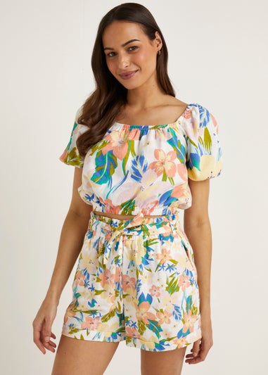 Multicoloured Floral Linen Blend Co-Ord Top