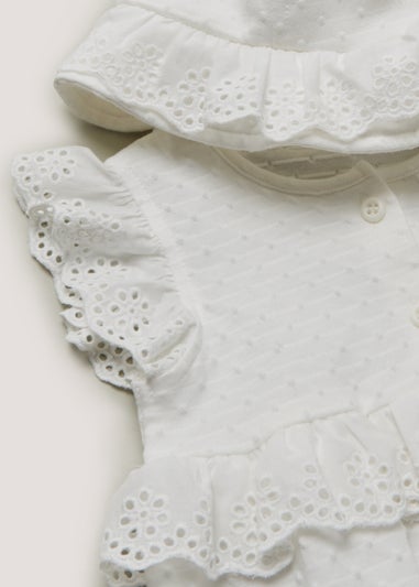 Baby White Dobby Romper & Hat White (Newborn-18mths)