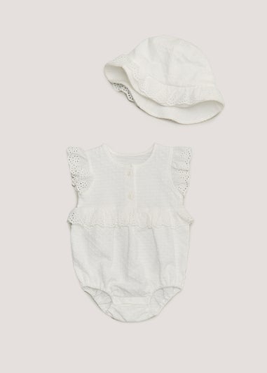 Baby White Dobby Romper & Hat White (Newborn-18mths)