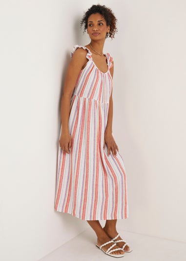 Multicoloured Stripe Linen Blend Frill Midi Cami Dress