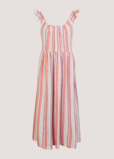Multicoloured Stripe Linen Blend Frill Midi Cami Dress