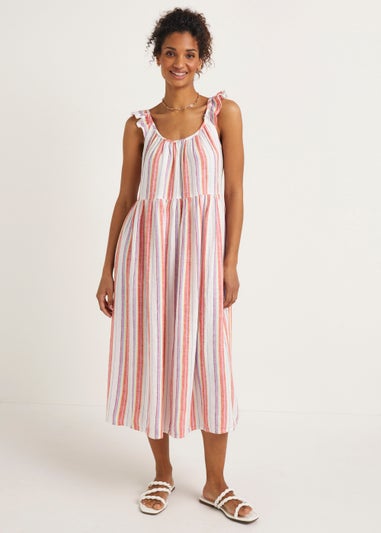 Multicoloured Stripe Linen Blend Frill Midi Cami Dress