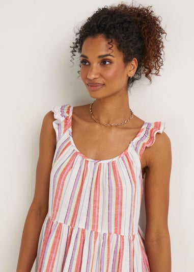 Multicoloured Stripe Linen Blend Frill Midi Cami Dress