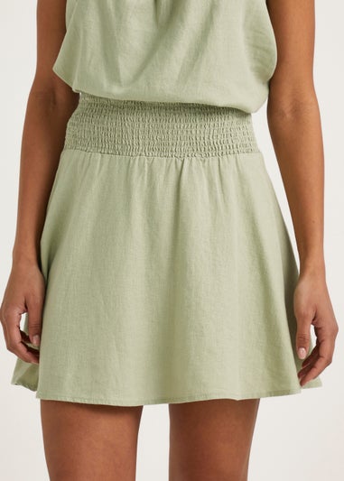 Green Linen Blend Shirred Mini Skirt