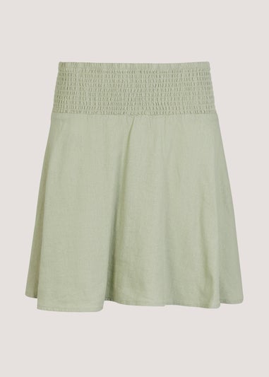 Green Linen Blend Shirred Mini Skirt