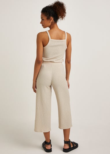 Beige Textured Culotte Cropped Wide Leg Co-Ord Trousers