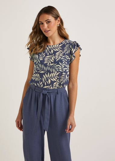 Navy Leaf Print Linen Blend Frill T-Shirt