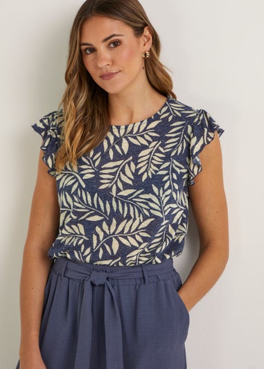 Navy Leaf Print Linen Blend Frill T-Shirt