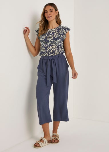 Navy Leaf Print Linen Blend Frill T-Shirt