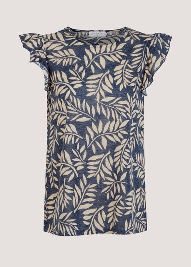 Navy Leaf Print Linen Blend Frill T-Shirt