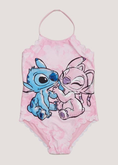 Kids Pink Disney Stitch & Angel Scallop Swimming Costume (4-11yrs)