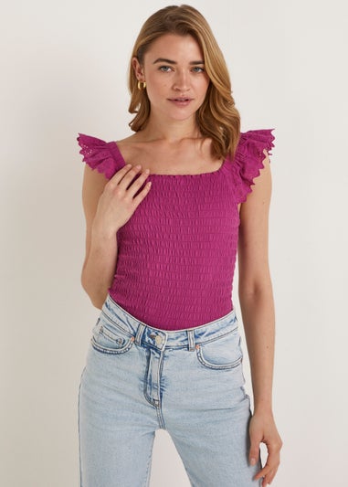 Pink Shirred Schiffli Vest Top